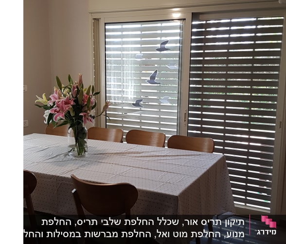 תריסים לבנים עם מדבקות ציפורים על חלון זכוכית.